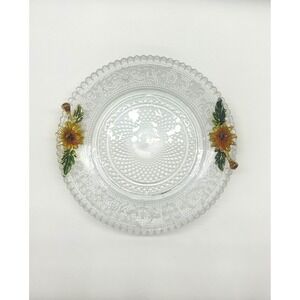 Clear Pressed Glass Trinket Dish with Enamel Sunflower Handles Round 6 Inch Tray